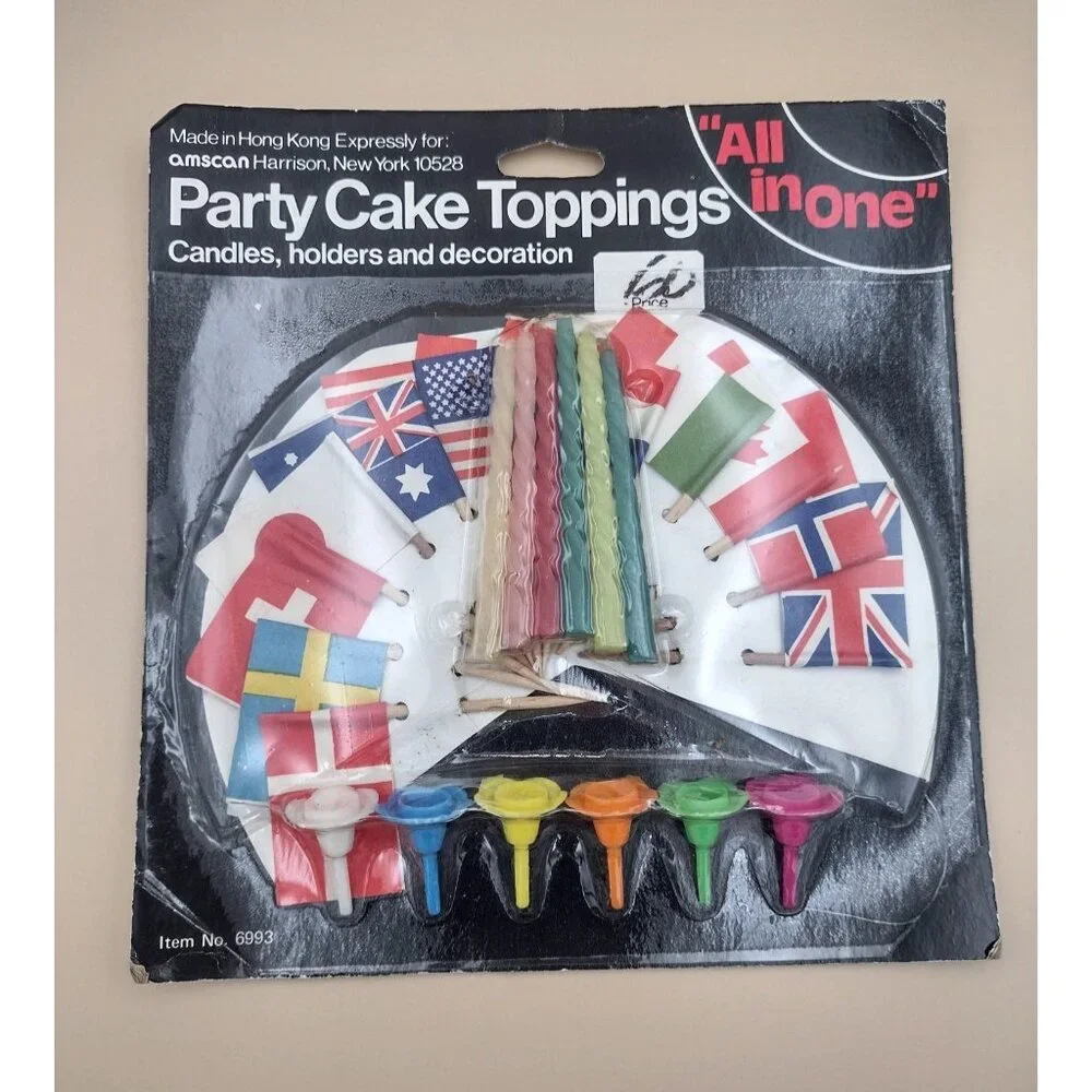 Vtg Amscan International Party Cake Toppings Set Candles Flag Decorations